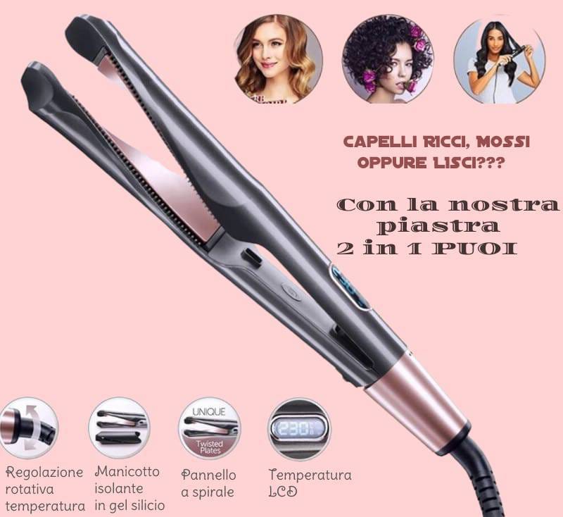 Piastra  Professionale 2 in 1 Semplice ed Intuitiva, Effetto Riccio, Onde Morbide o Capelli Lisci, Ceramica, 150 - 230 Gradi NewBeautyCharm